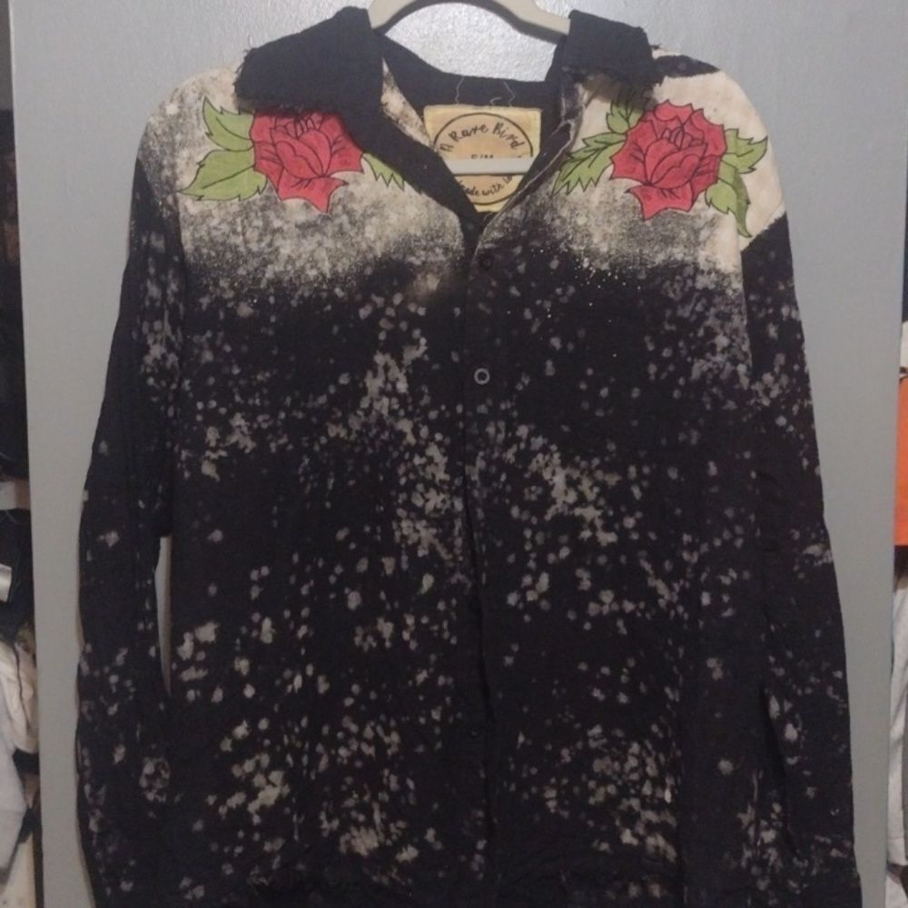 A rare bird handmade clothing flannel with roses embroidery  size small medium - Picture 2 of 12